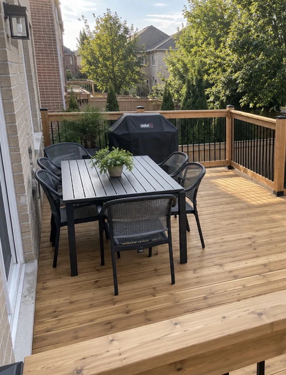 Dining set and barbecue on the finished pressure-treated deck in Caledon