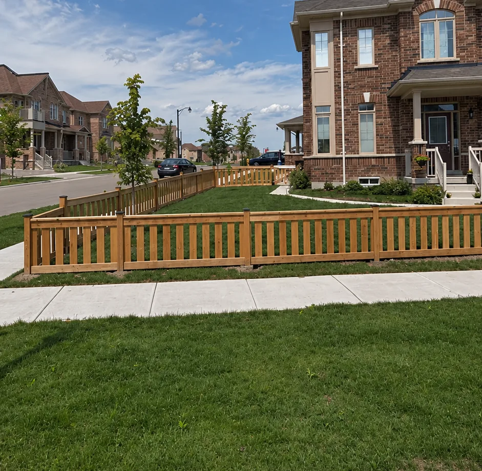 The fence turning the corner of the lot, with the sidewalk and street beyond, Caledon