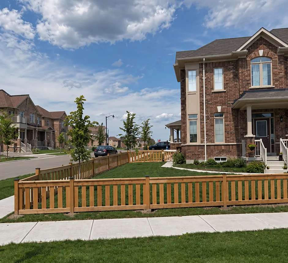 36 inch pressure-treated picket fence enclosing a front yard on a corner lot in Caledon