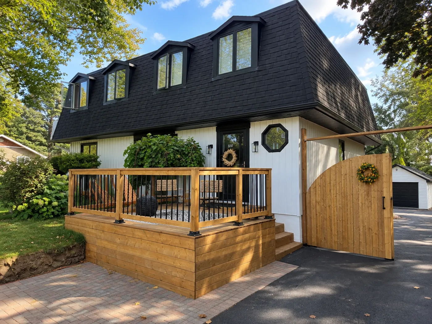 Raised pressure-treated front porch deck with black aluminum railing and a cedar privacy gate, Clarington