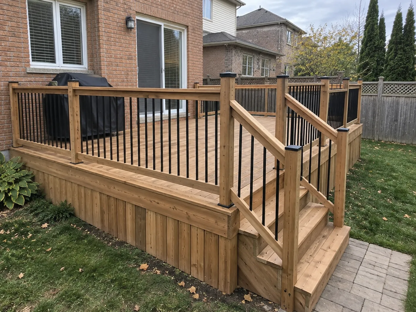 Cedar deck with black aluminum spindles in a cedar railing frame and stairs to a paver landing in Halton Hills