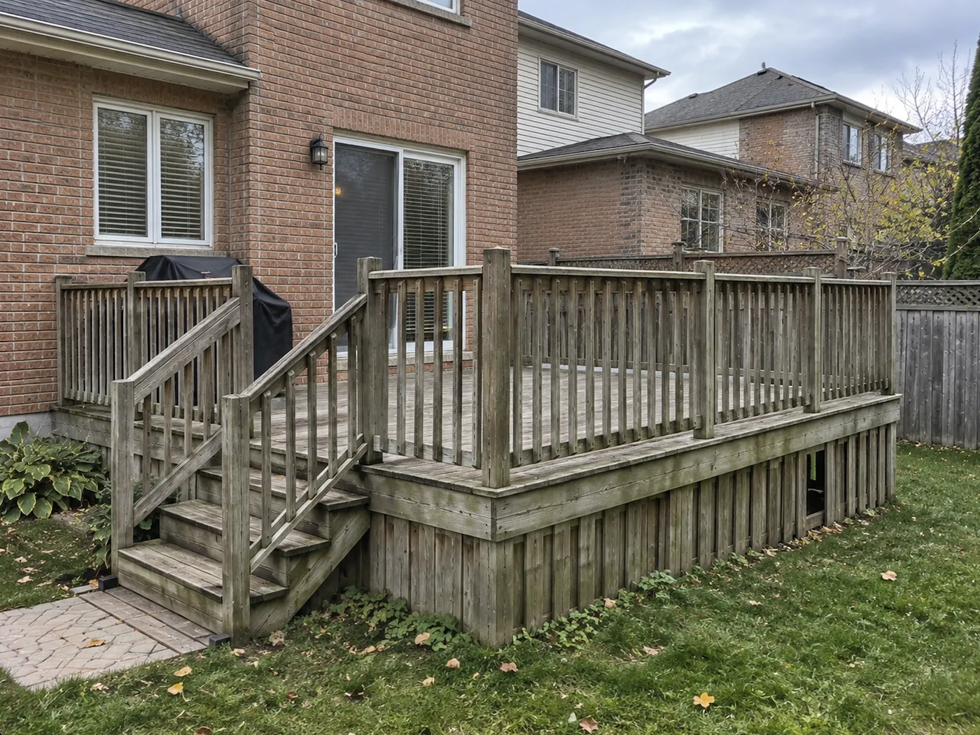 The original weathered deck and wood picket railing in Halton Hills before the rebuild