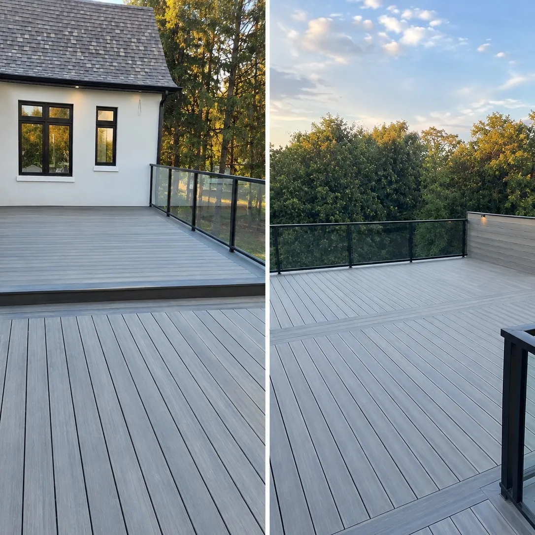 Composite deck running along the house with a darker border board, King City