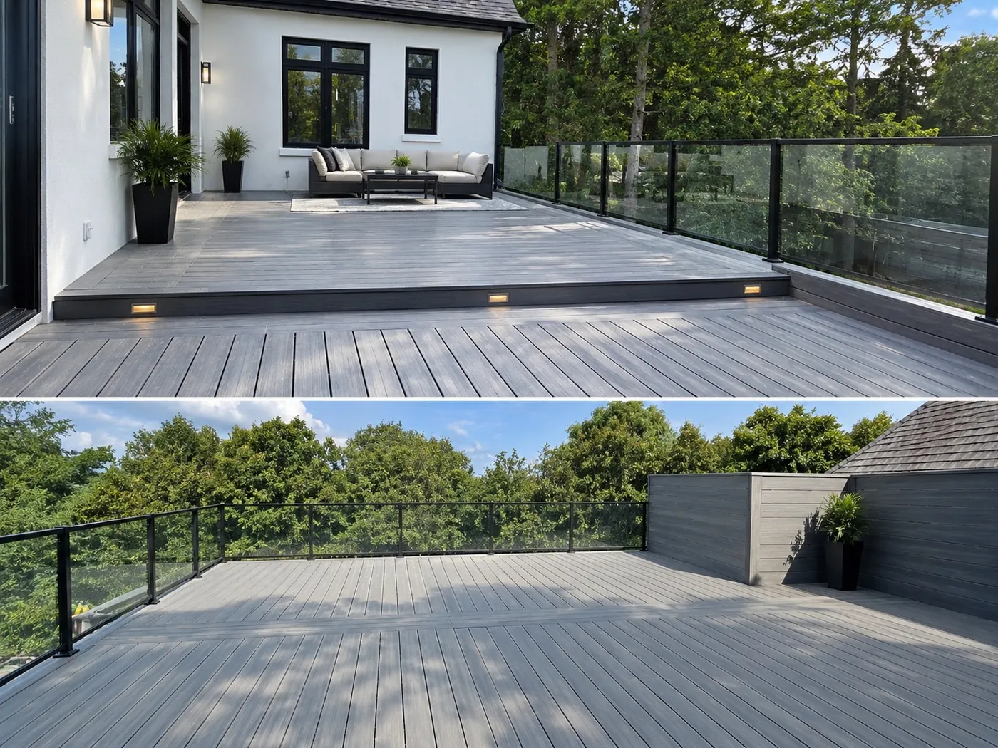Composite deck with a seating area, glass railing and lit step risers, King City