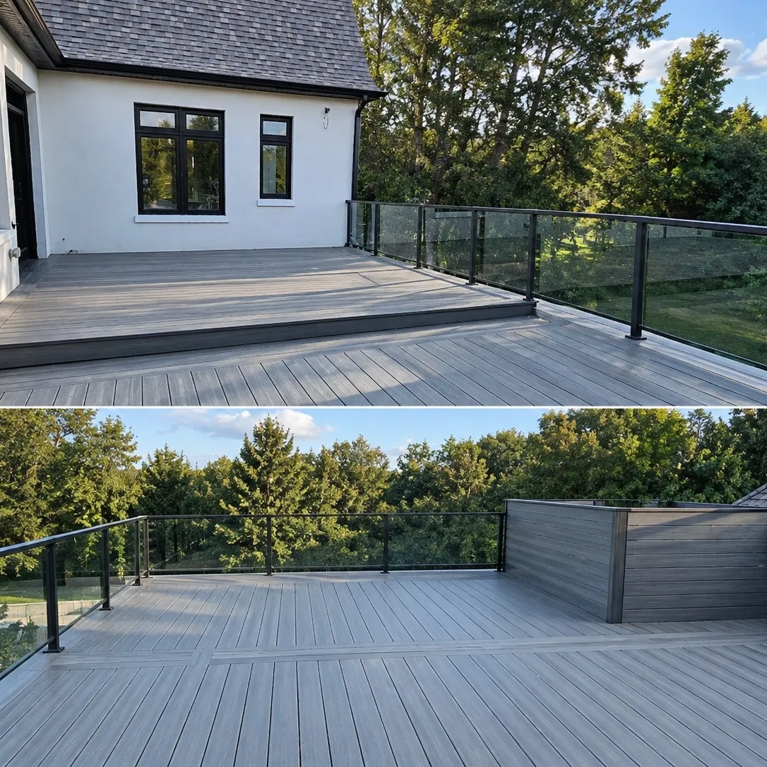 Glass railing in black posts along the composite deck, King City