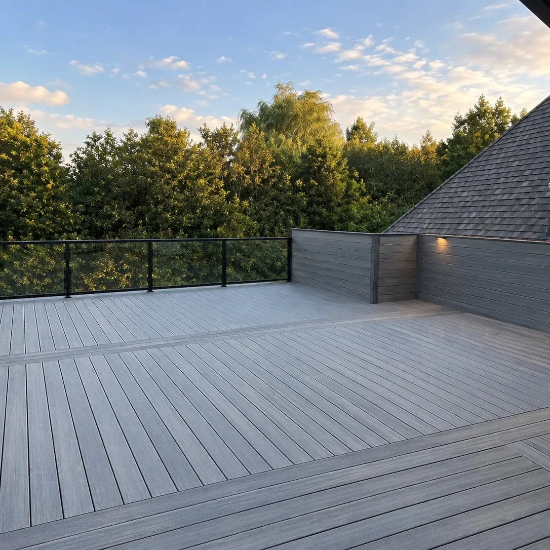 Composite screen wall with recessed lighting on the upper deck, King City