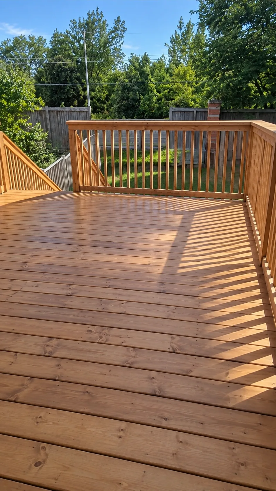 Railing corner and deck boards on the Mississauga second level deck