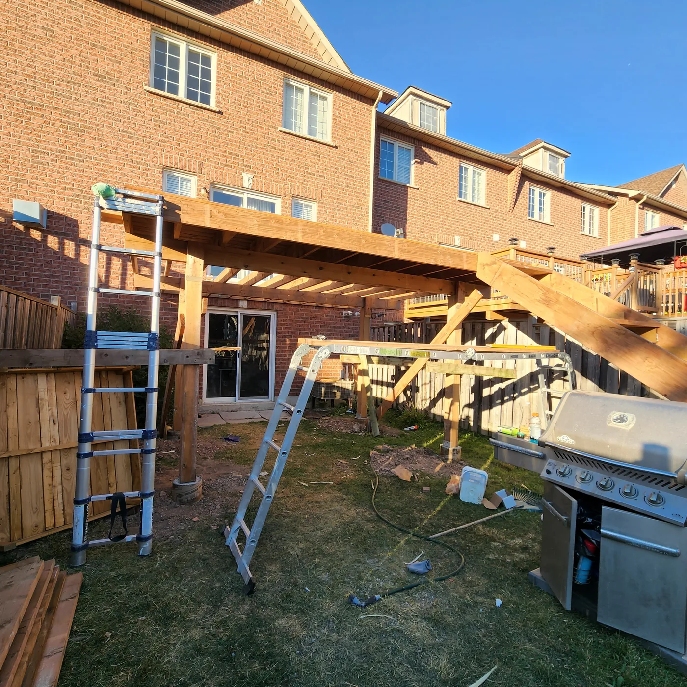 Posts and beams up for the second level deck in Mississauga