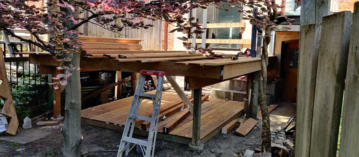 New framing going up for the rebuilt raised deck in North York