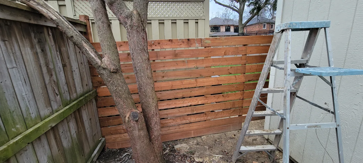 Horizontal fence boards built around a mature tree trunk in North York