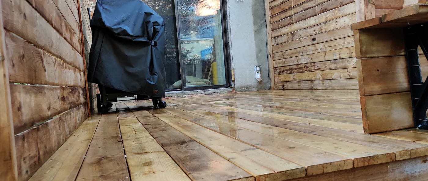 The finished pressure-treated deck looking back toward the house in North York