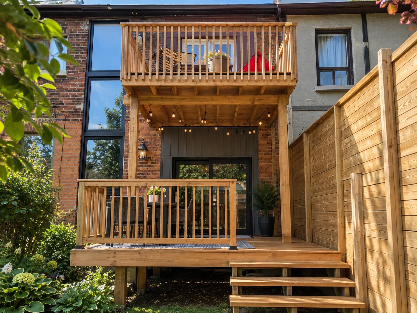Two-level deck in North York, the upper deck forming a waterproof roof over the covered lower level