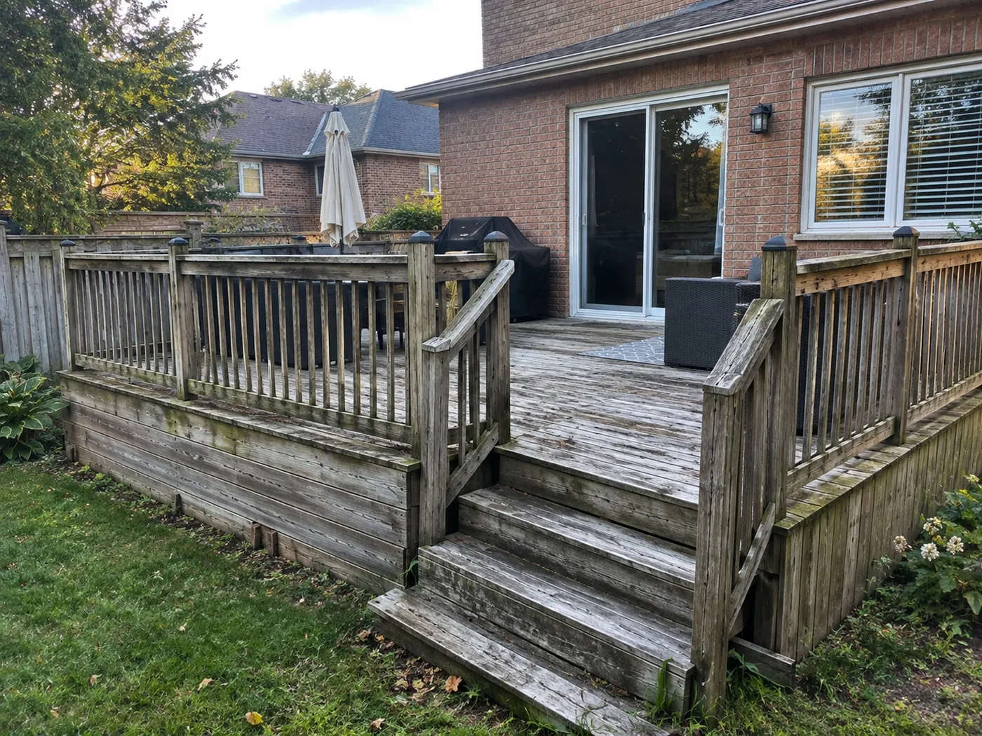 The original weathered deck and wood railing in Oshawa before the rebuild