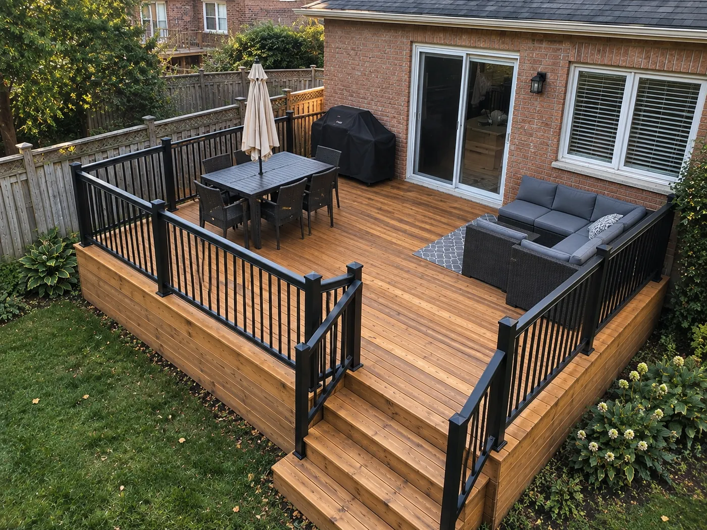 The finished 350 square foot pressure-treated deck and black aluminum railing seen from above in Oshawa