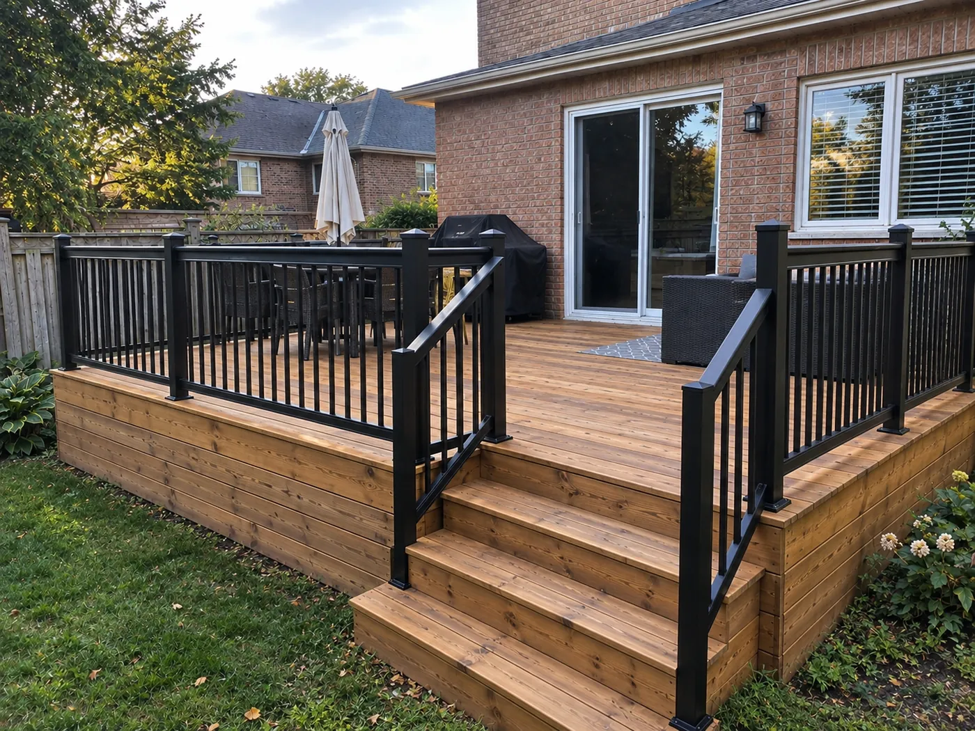 Rebuilt pressure-treated deck with black aluminum railing and stairs down to grade in Oshawa