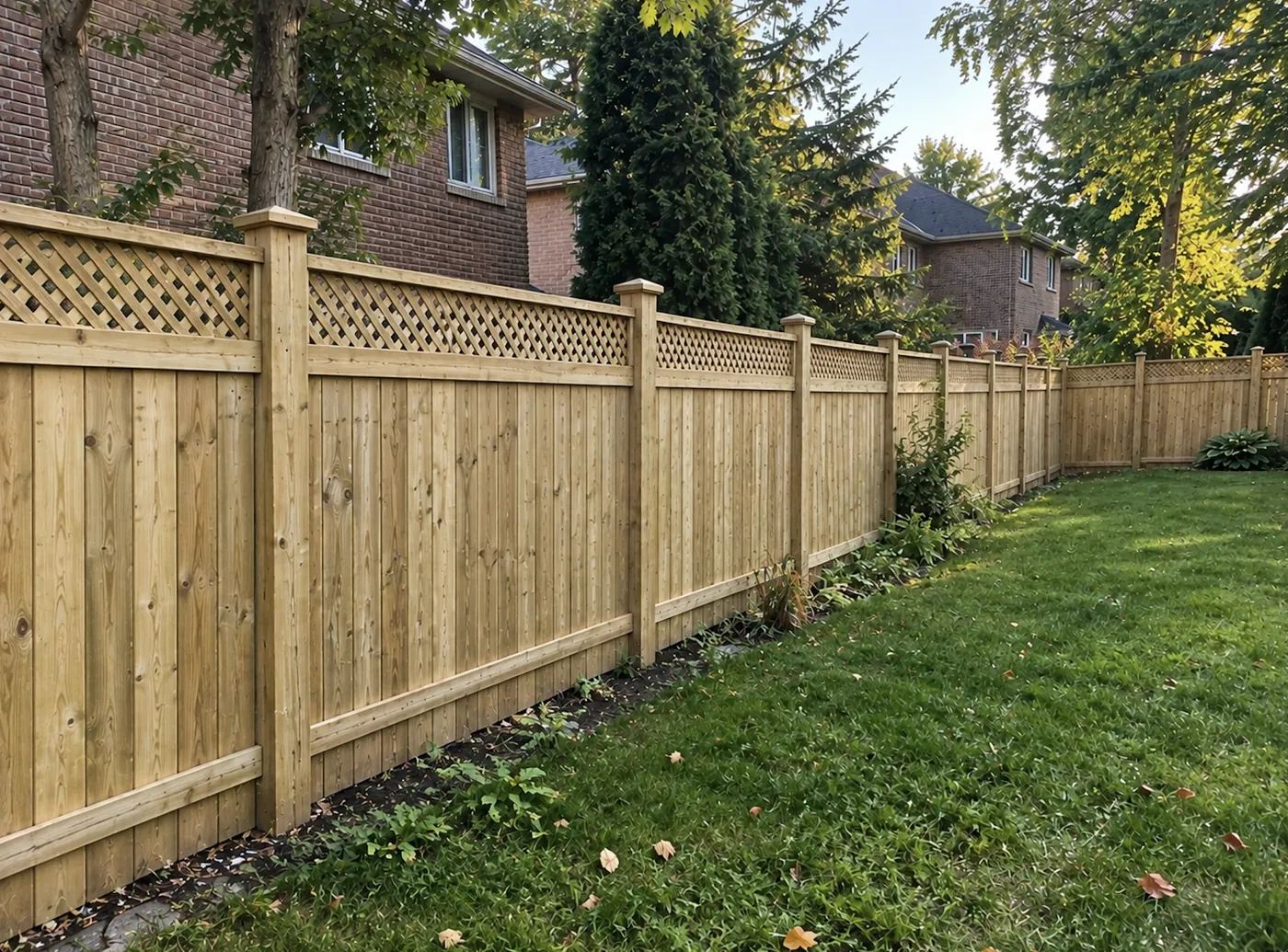 Six by six posts and lattice top on the new pressure-treated fence in Oshawa