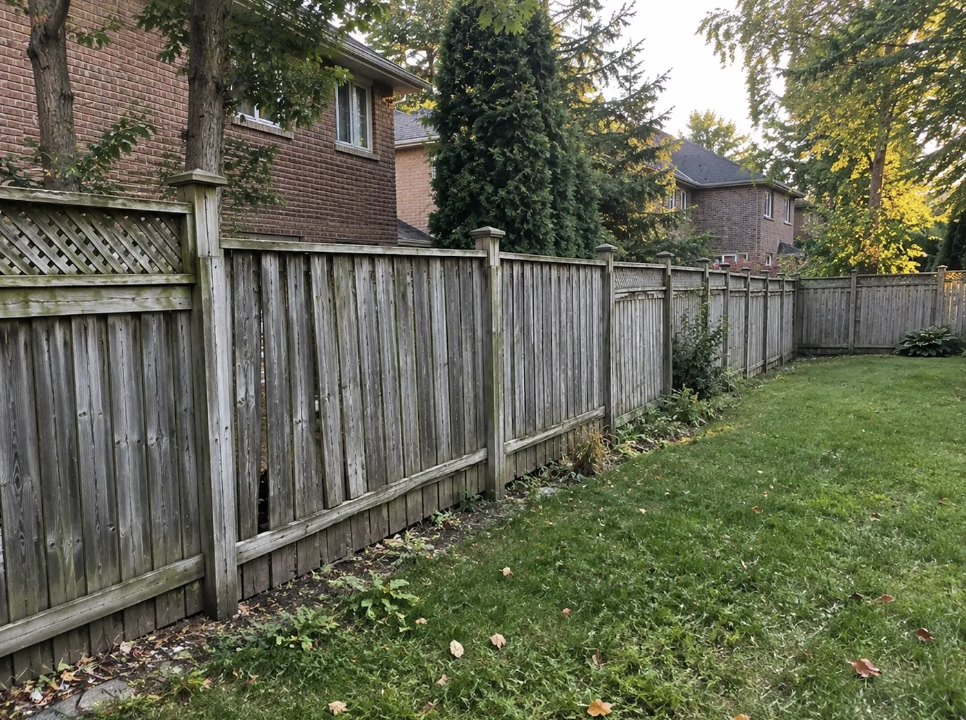 The old fence leaning off plumb with gaps along the bottom before replacement in Oshawa