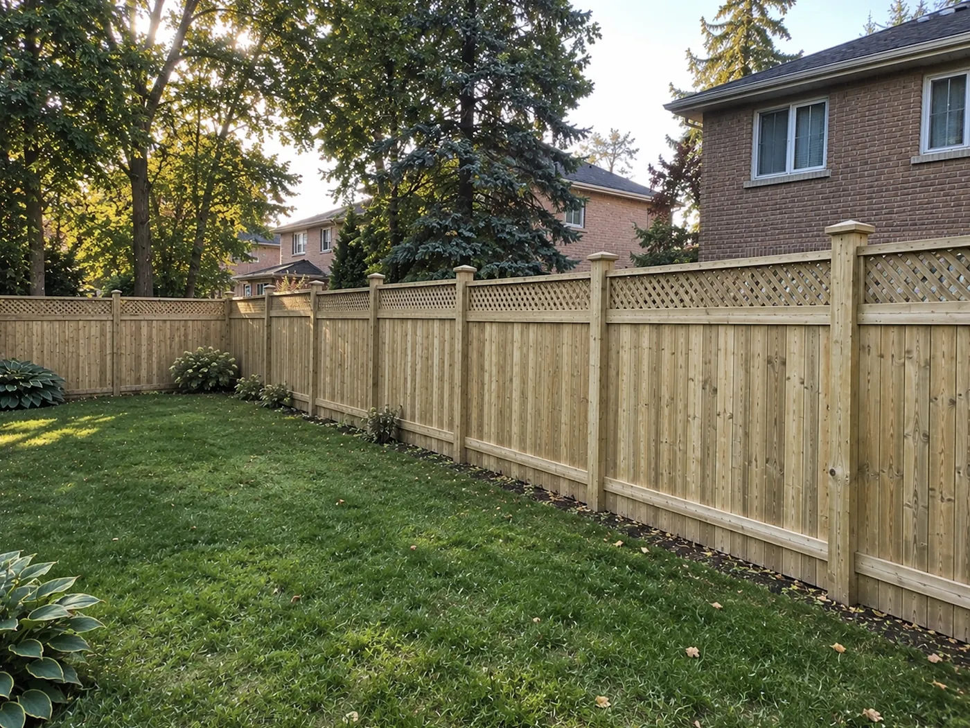 Pressure-treated privacy fence with lattice top running along the rear lot line in Oshawa