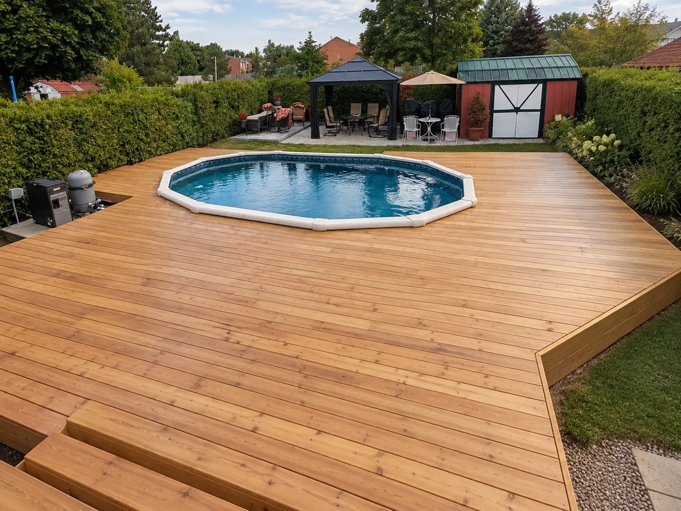 Pressure-treated deck wrapped around an above-ground pool, Richmond Hill