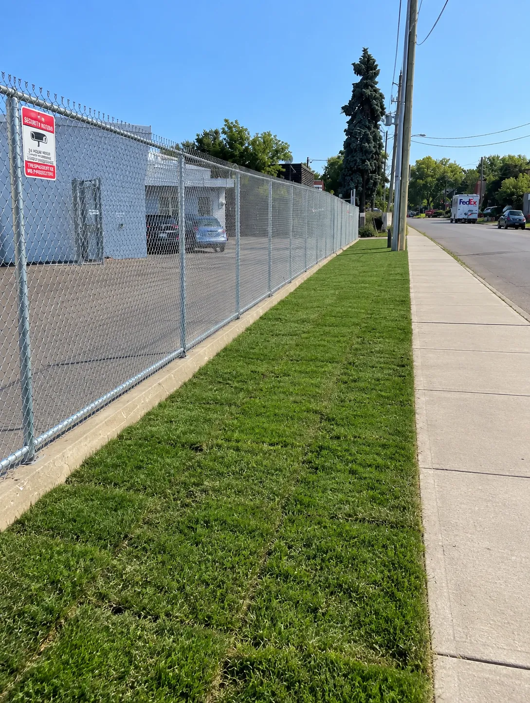 The finished galvanized chain link along the street frontage, with fresh sod laid back to the sidewalk, Scarborough
