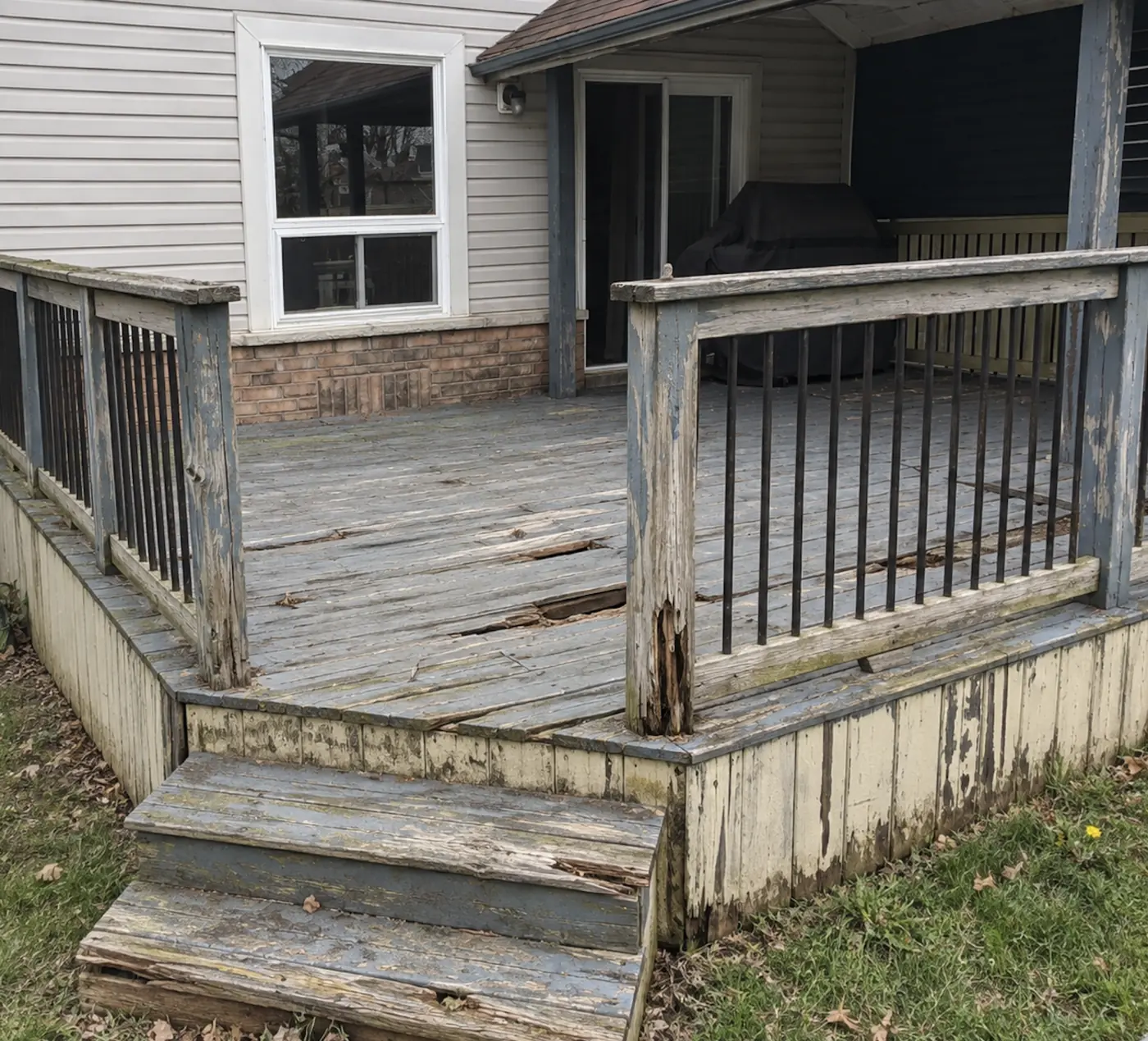 The same deck before the repair, with split boards, a rotted corner post and paint failing throughout, Stouffville