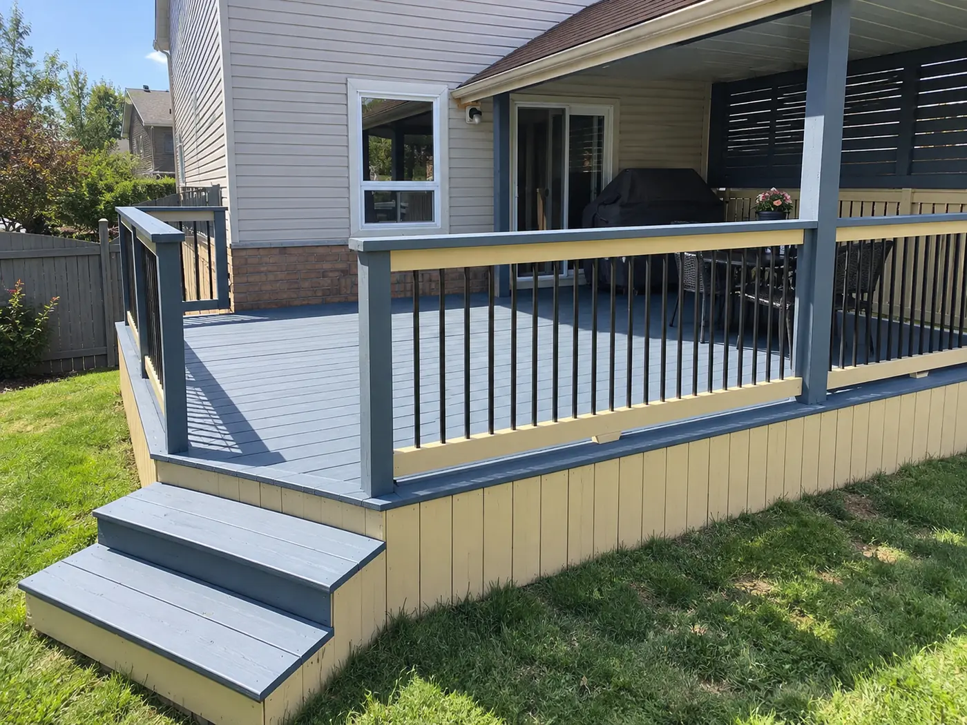 Repaired and repainted deck running along the back of the house with the covered porch beyond, Stouffville