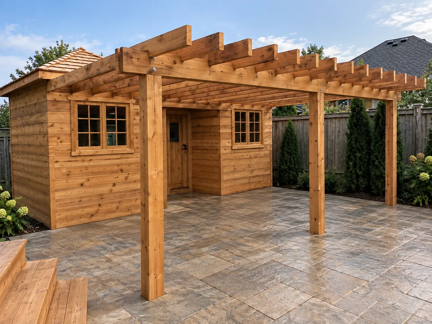 Cedar pergola carried off a matching cedar storage shed over a flagstone patio in a Toronto backyard