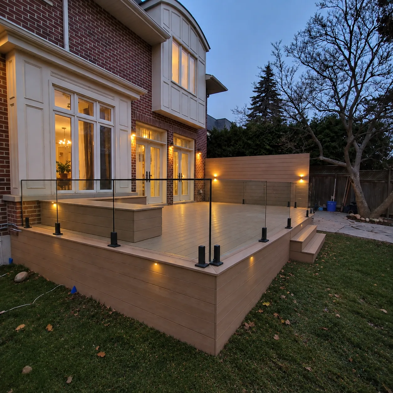 Corner of a composite deck in Toronto with black post glass railings, a built-in bench and lighting in the fascia
