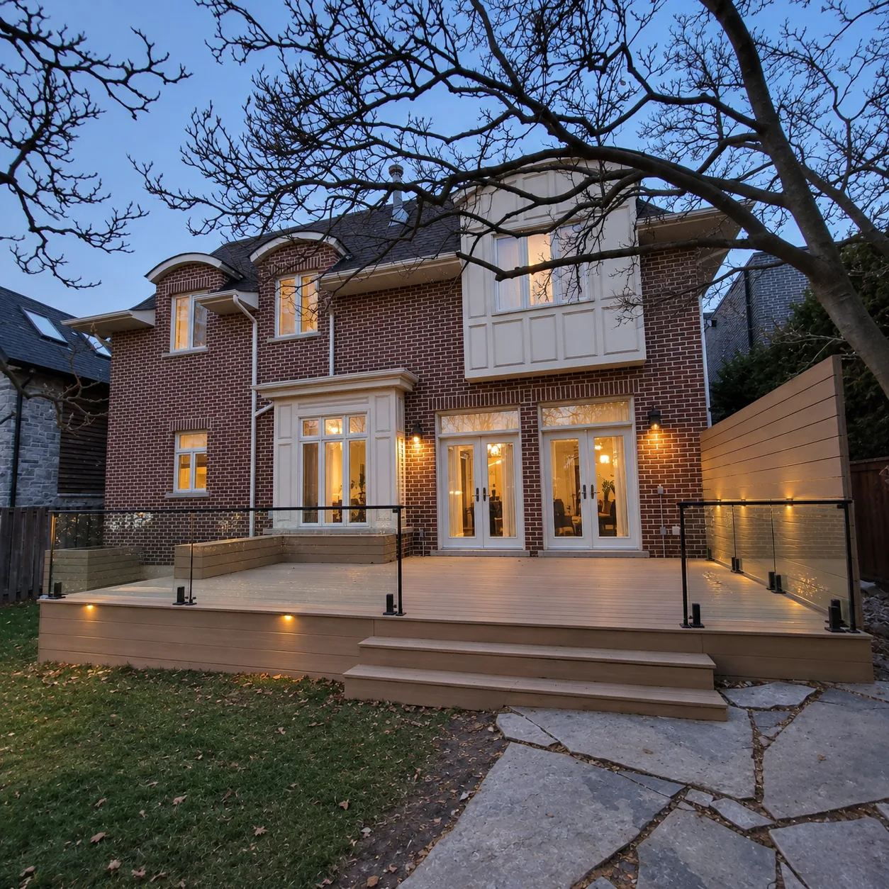 Composite deck with glass railings and deck lighting at dusk behind a Toronto home