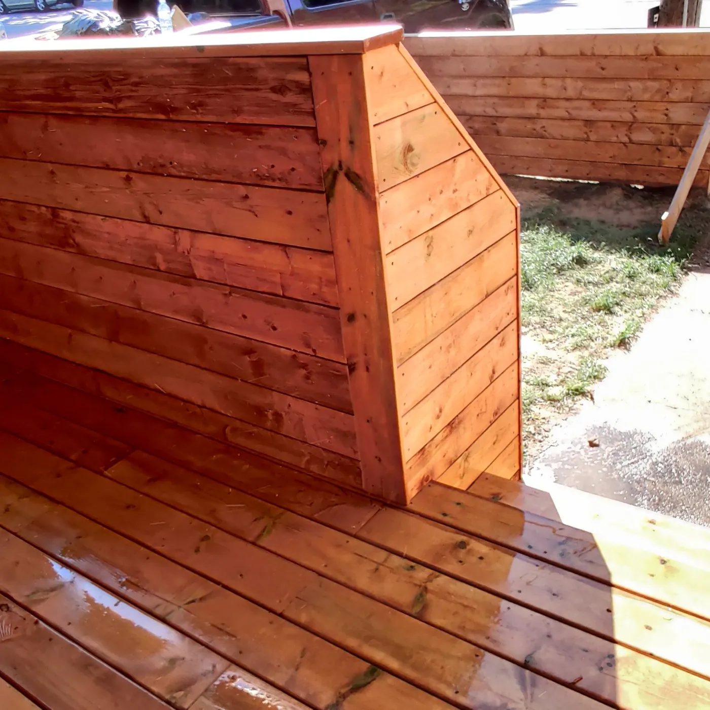 Finished porch deck with the cedar screen closing in two sides, Toronto