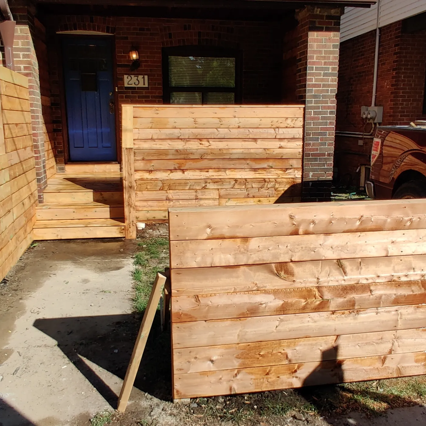 Street side of the cedar privacy screen along the front of the porch, Toronto