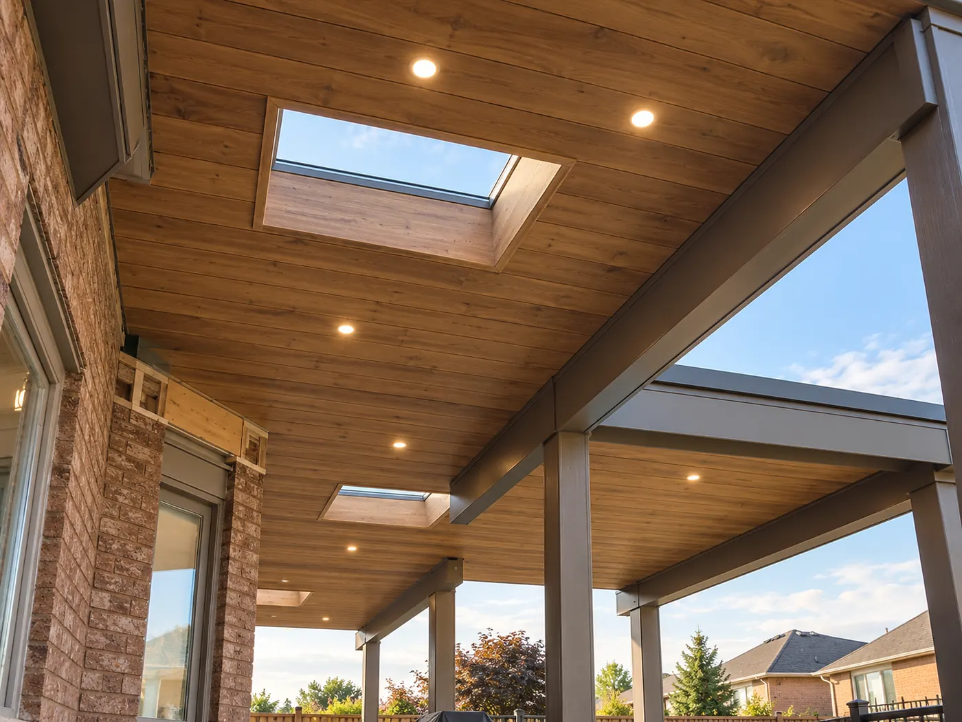 Wood plank ceiling with skylights and pot lights under a covered deck roof in Vaughan