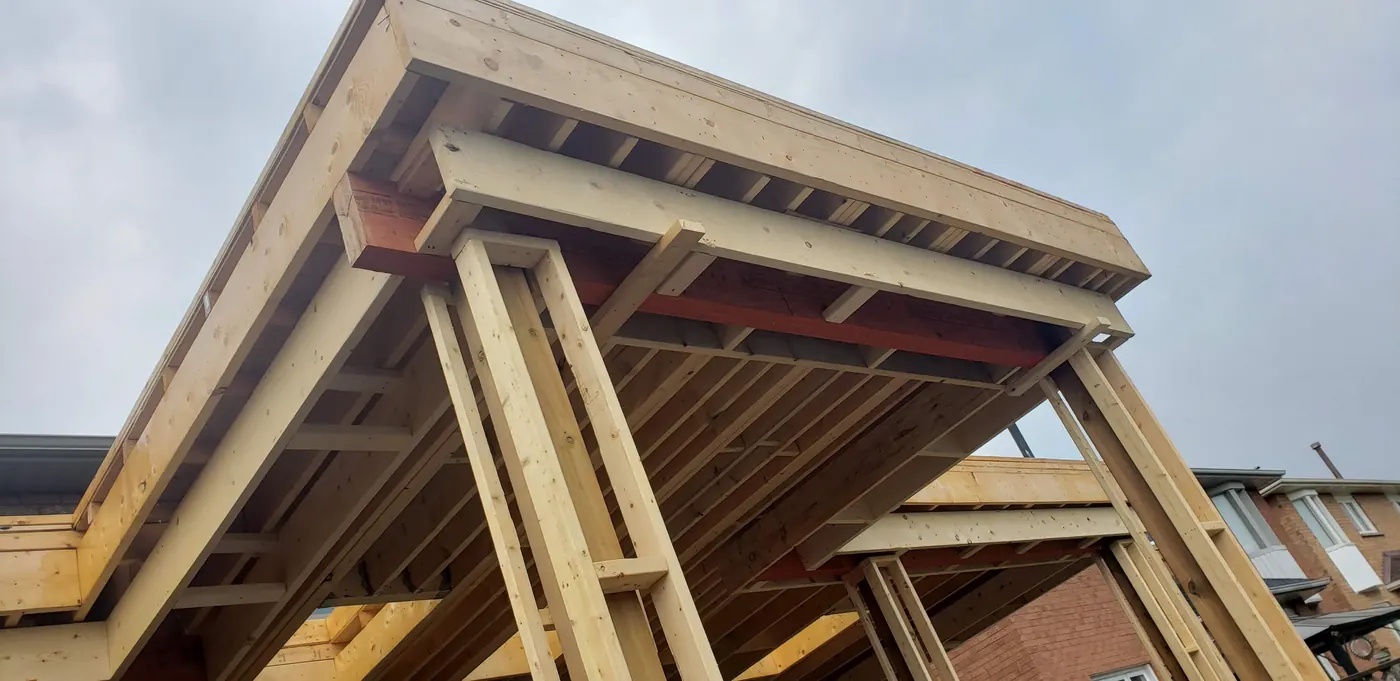 Underside of covered deck roof framing in Vaughan